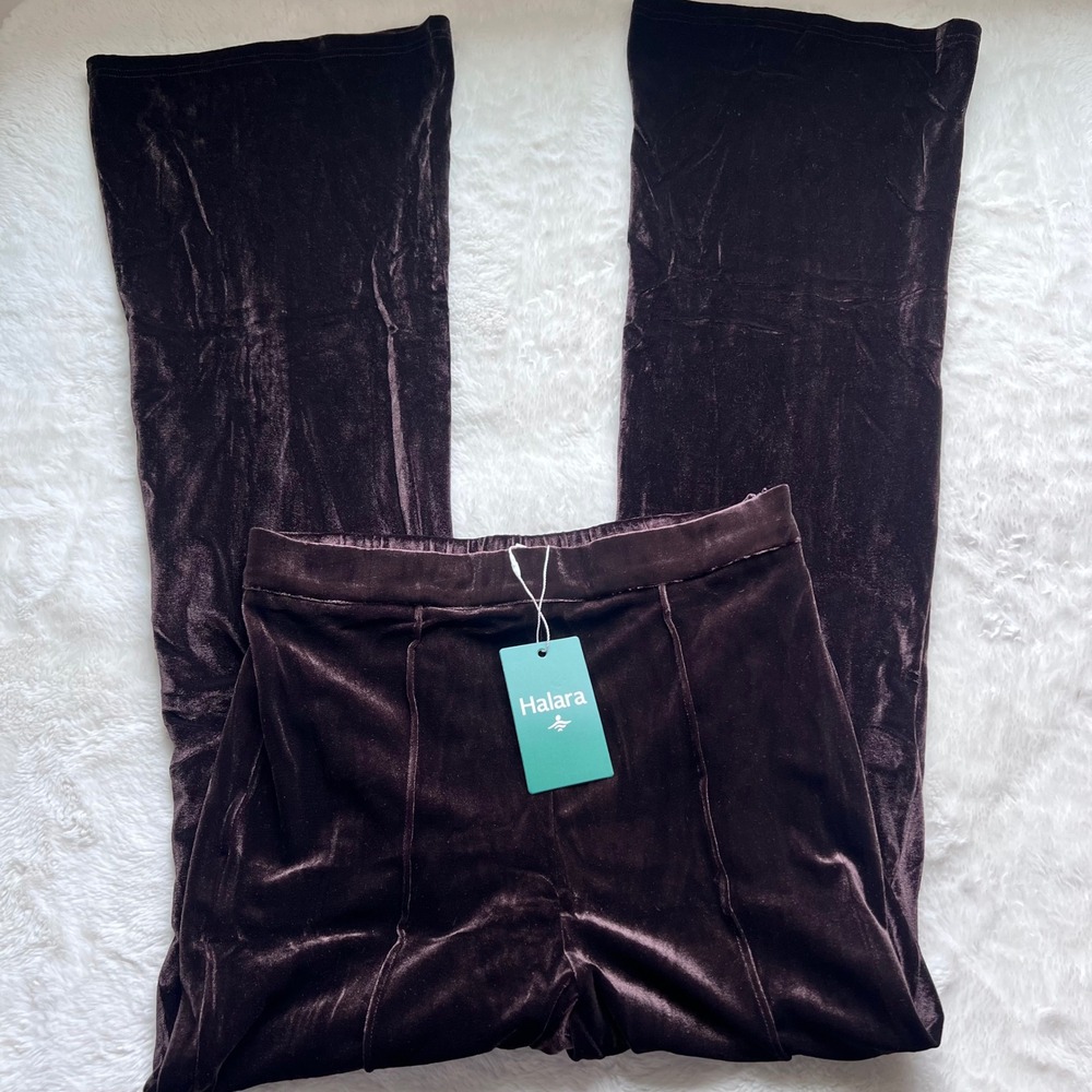 Halara Brown Velvet Flare Wide Leg Pants High Waisted Athleisure Trousers Medium
